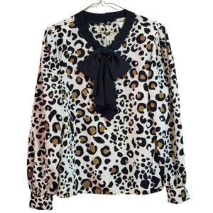 VINTAGE Elite leopard print long sleeves  blouse black bow collar size 10